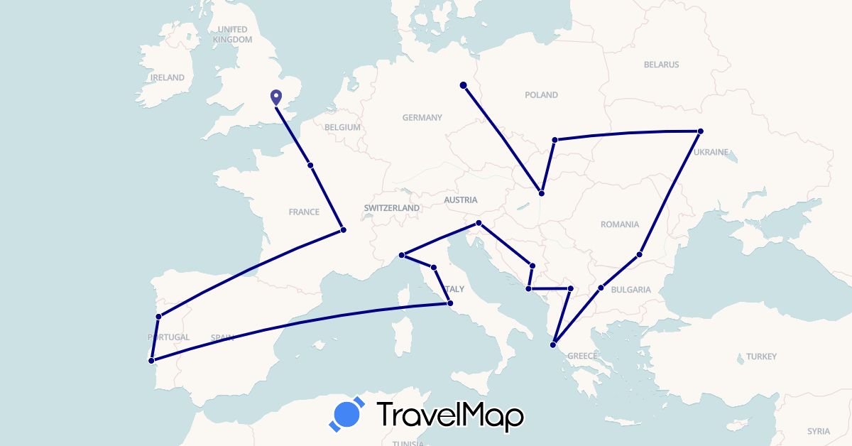 TravelMap itinerary: driving in Bosnia and Herzegovina, Bulgaria, Germany, France, United Kingdom, Greece, Croatia, Hungary, Italy, Poland, Portugal, Romania, Slovenia, Ukraine, Kosovo (Europe)